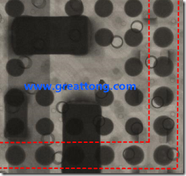 BGA錫球尺寸小于0.4mm，采用降低BGA內(nèi)圍襲球的錫膏量所得到X-Ray，稍微留意一下可以發(fā)現(xiàn)最外圈的錫量(圓的直徑)比其他內(nèi)圍的錫球上的錫量來得多一點(diǎn)點(diǎn)。也就是外圈的黑色圓形直徑比內(nèi)圈的圓形來得大一點(diǎn)點(diǎn)。